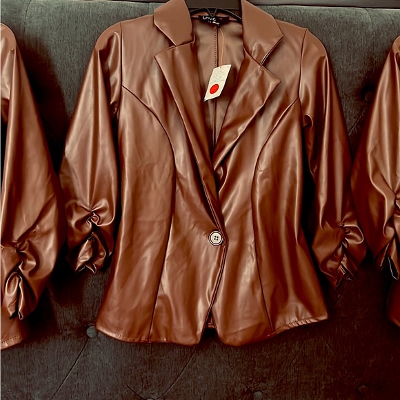 Button Front Faux Leather Blazer - Mocha - Picture 2 of 2